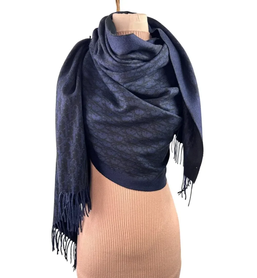DIOR Oblique Navy Black Double-Sided Scarf Cashmere Fringed Edges Around Neck
